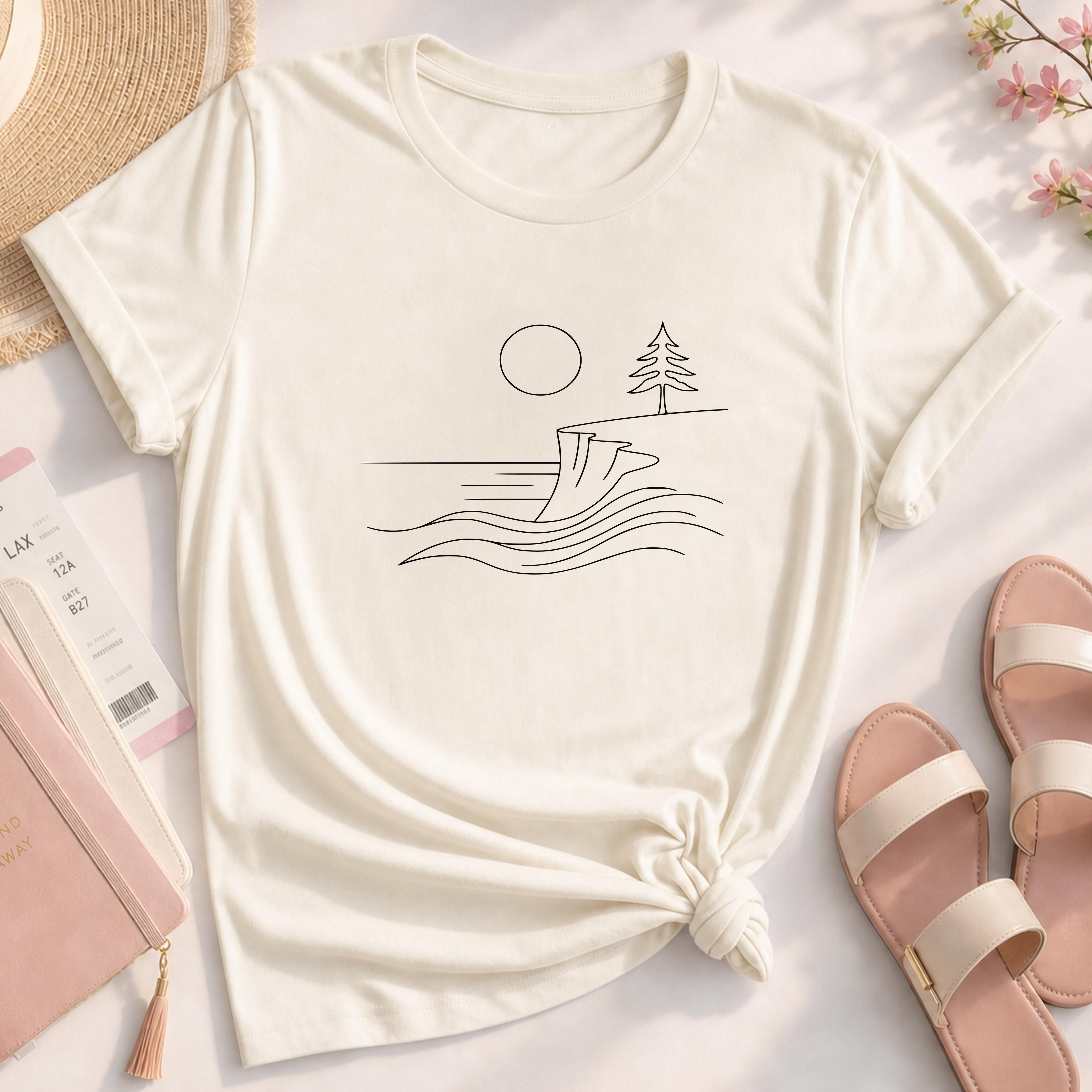 Minimalist Nature Landscape Sun Waves Ocean Cliff Tee