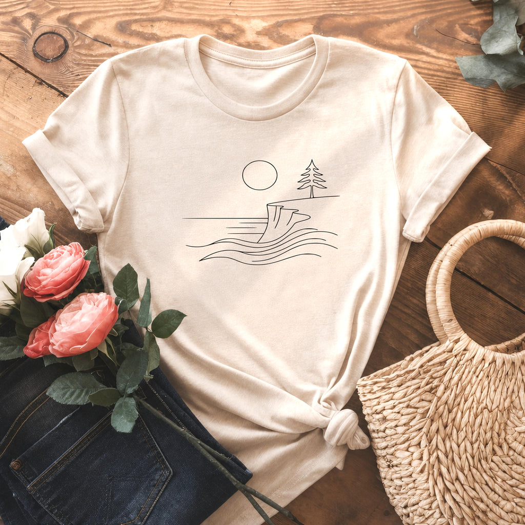 Minimalist Nature Landscape Sun Waves Ocean Cliff Tee