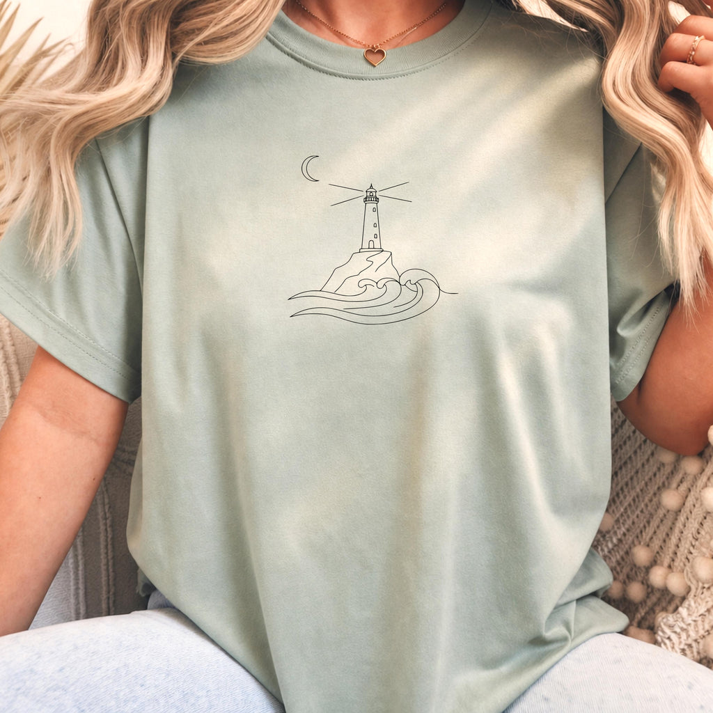 Minimalist Lighthouse Ocean Waves Coastal Tee