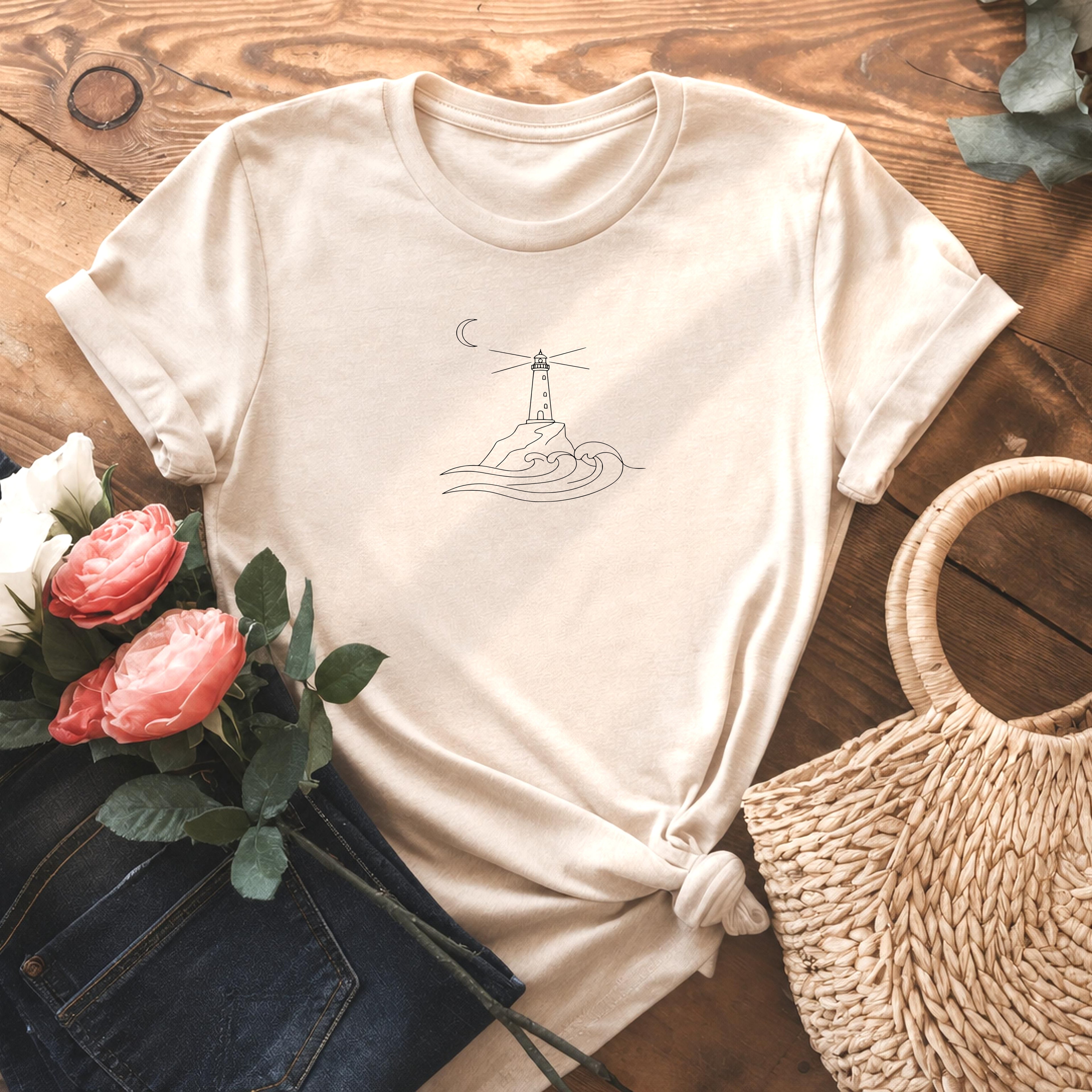 Minimalist Lighthouse Ocean Waves Coastal Tee