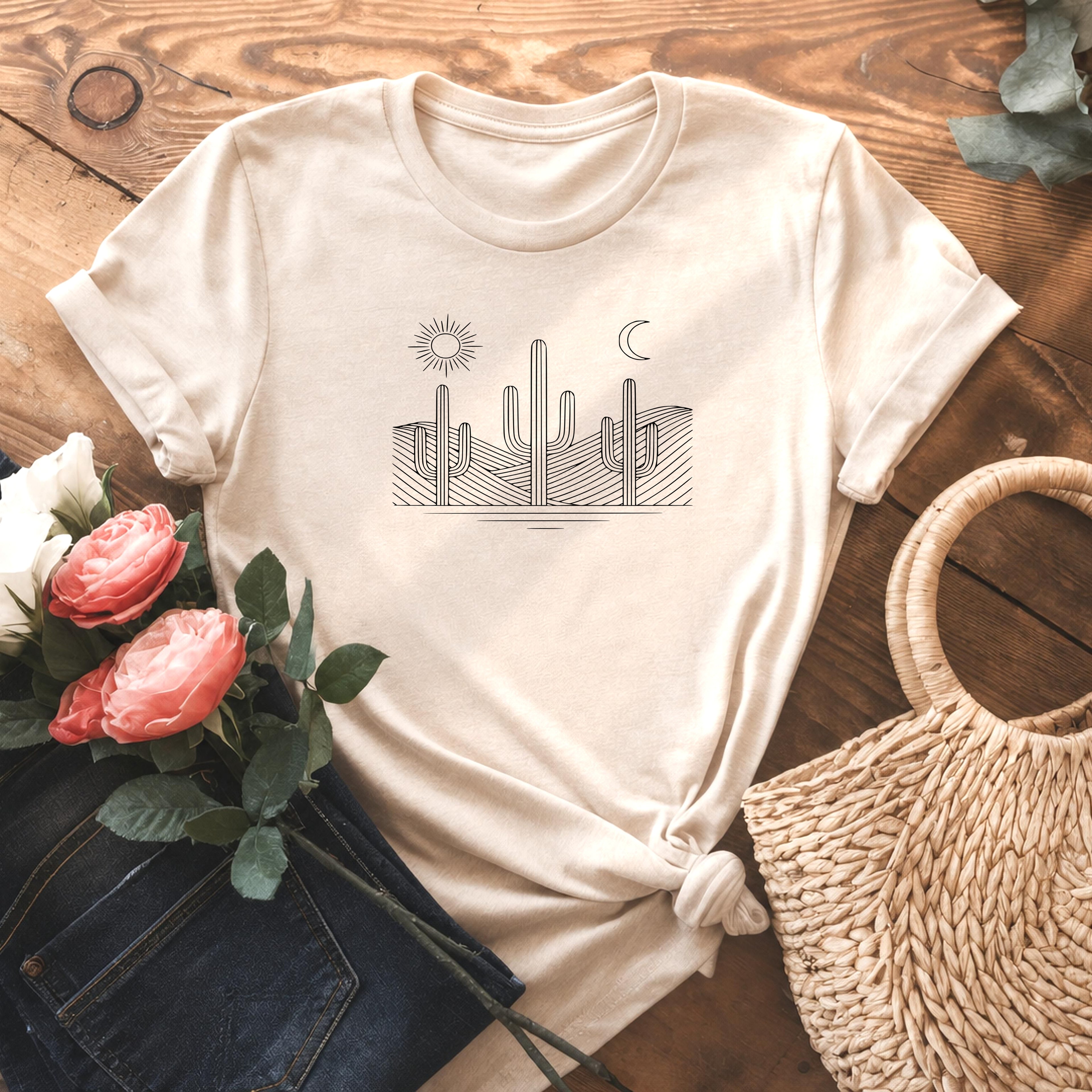 Minimalist Saguaro Sun Moon Desert Cactus T-Shirt