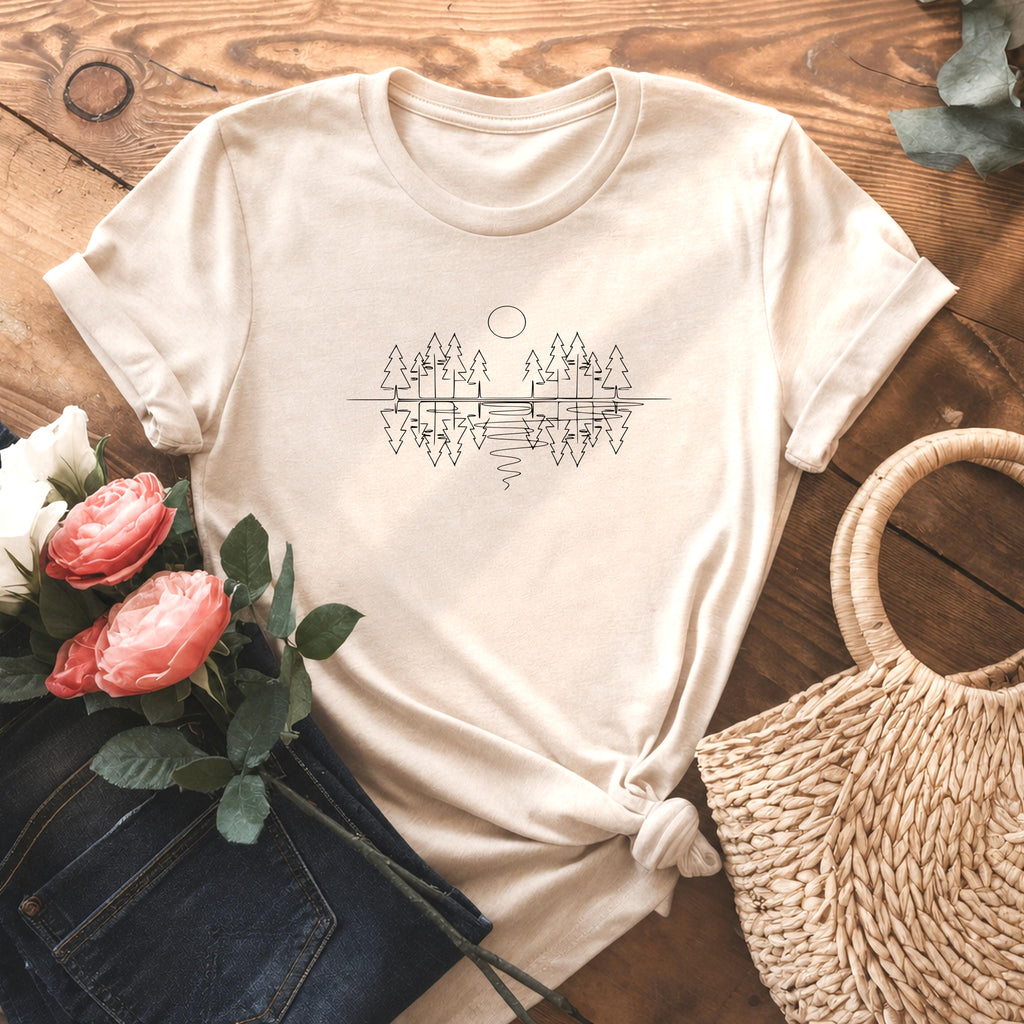 Minimalist Forest Reflection Line Art T-Shirt