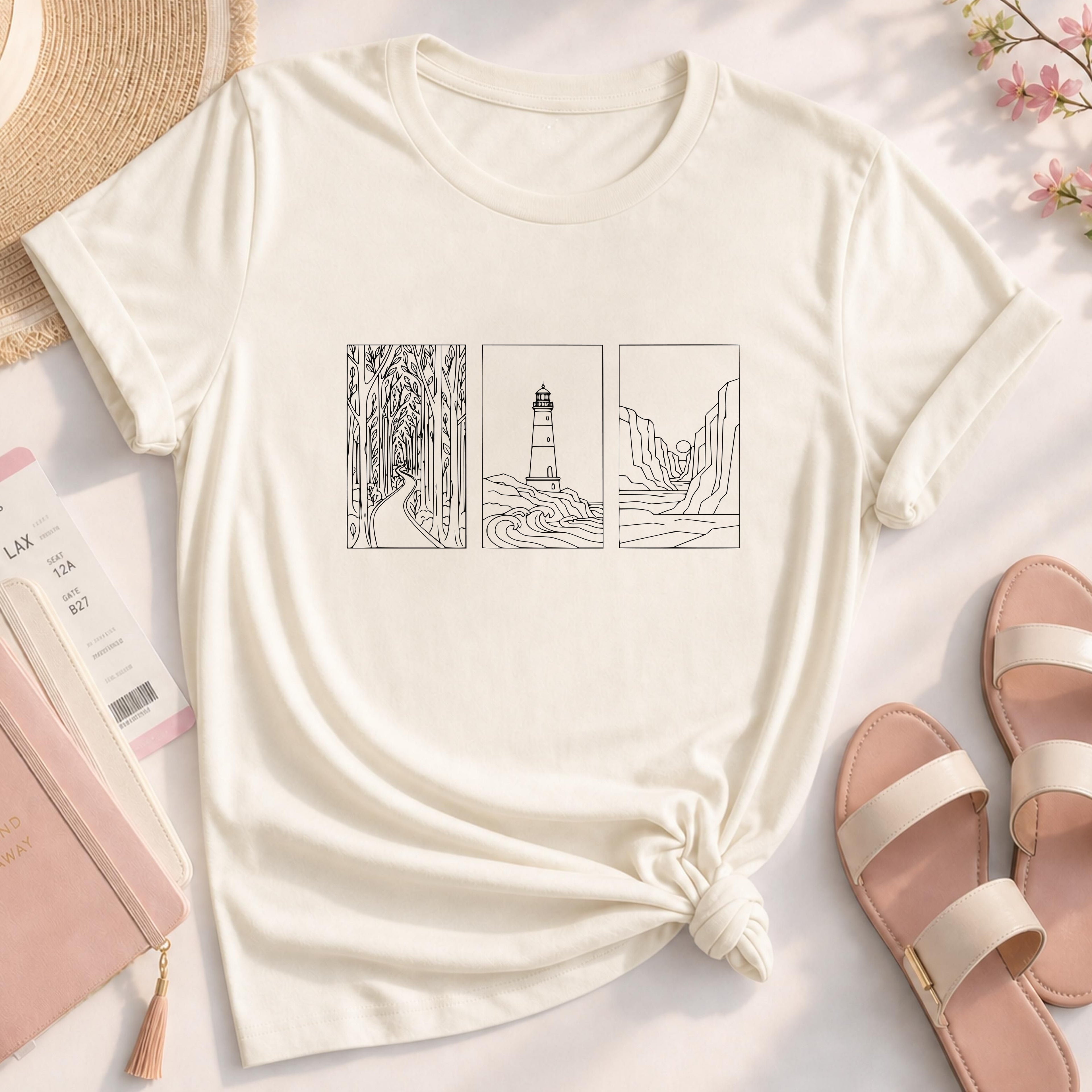 Minimalist Landscape Nature Line Art T-Shirt