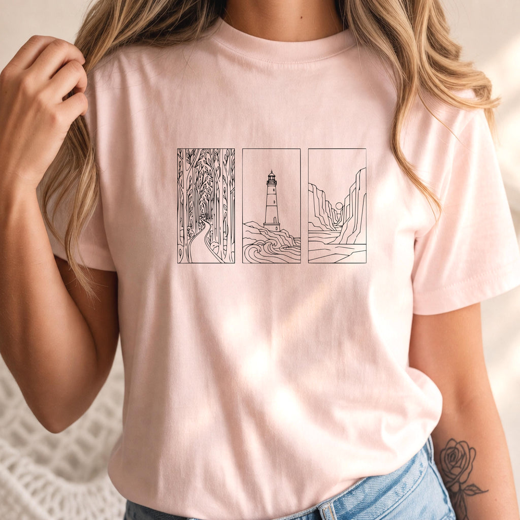 Minimalist Landscape Nature Line Art T-Shirt