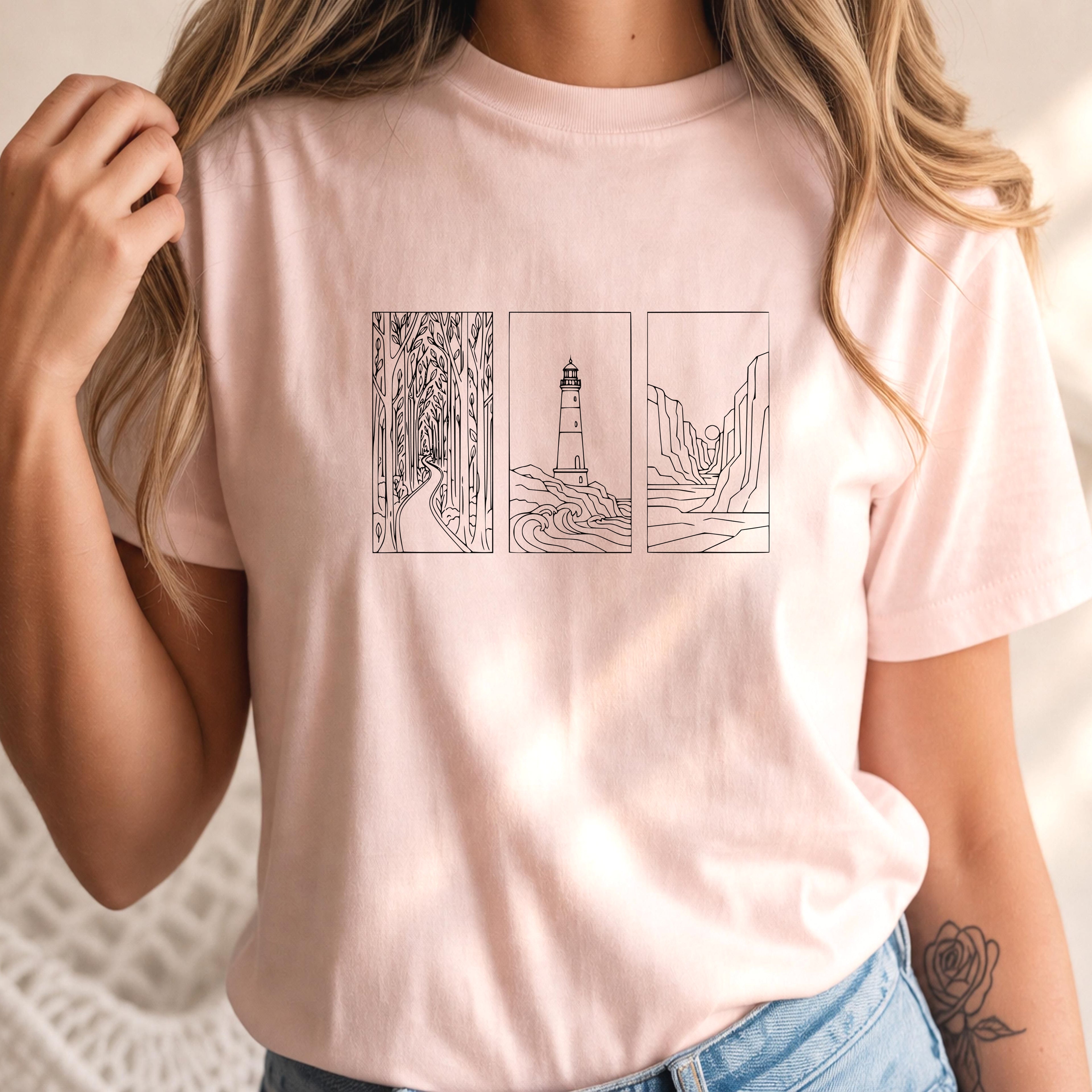 Minimalist Landscape Nature Line Art T-Shirt