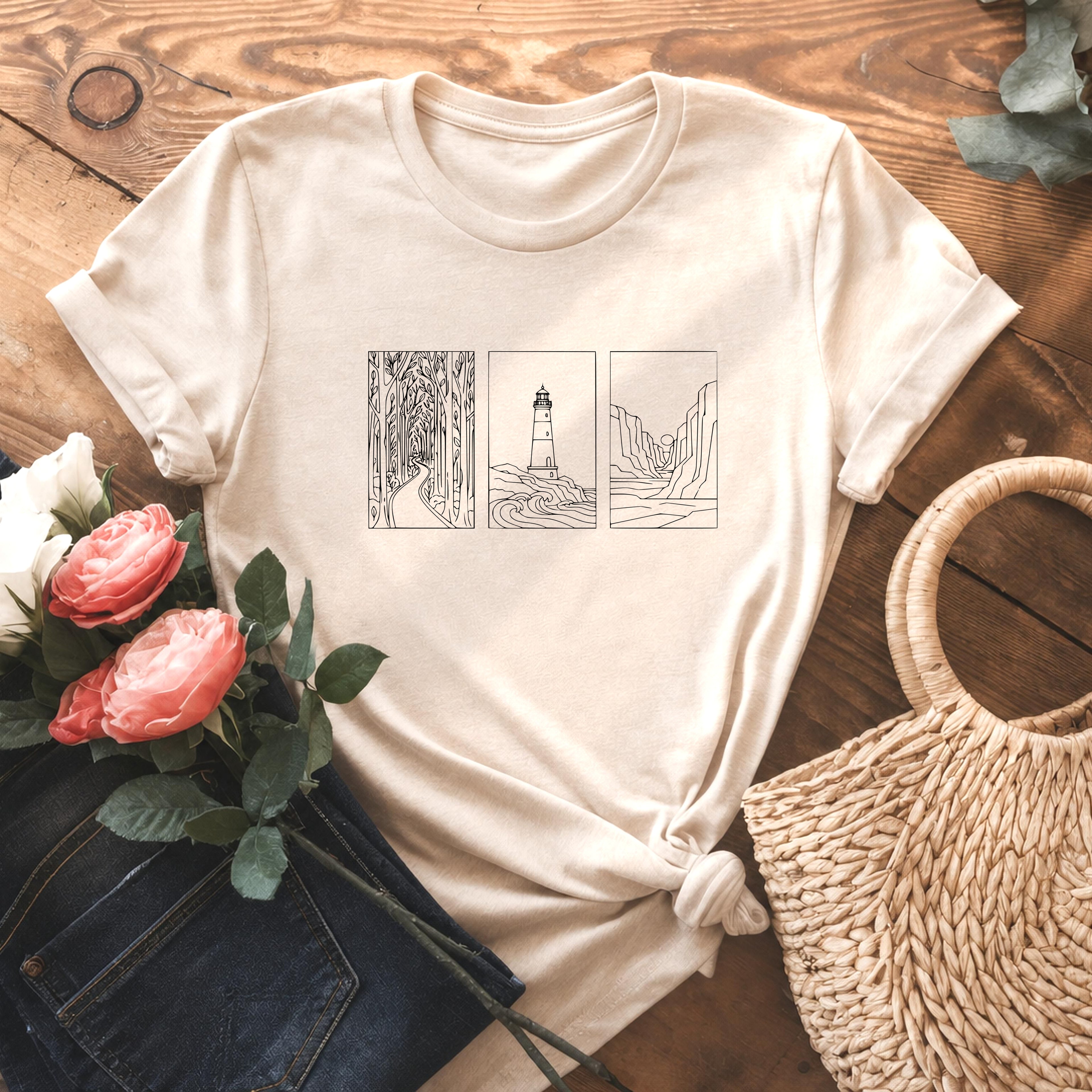 Minimalist Landscape Nature Line Art T-Shirt