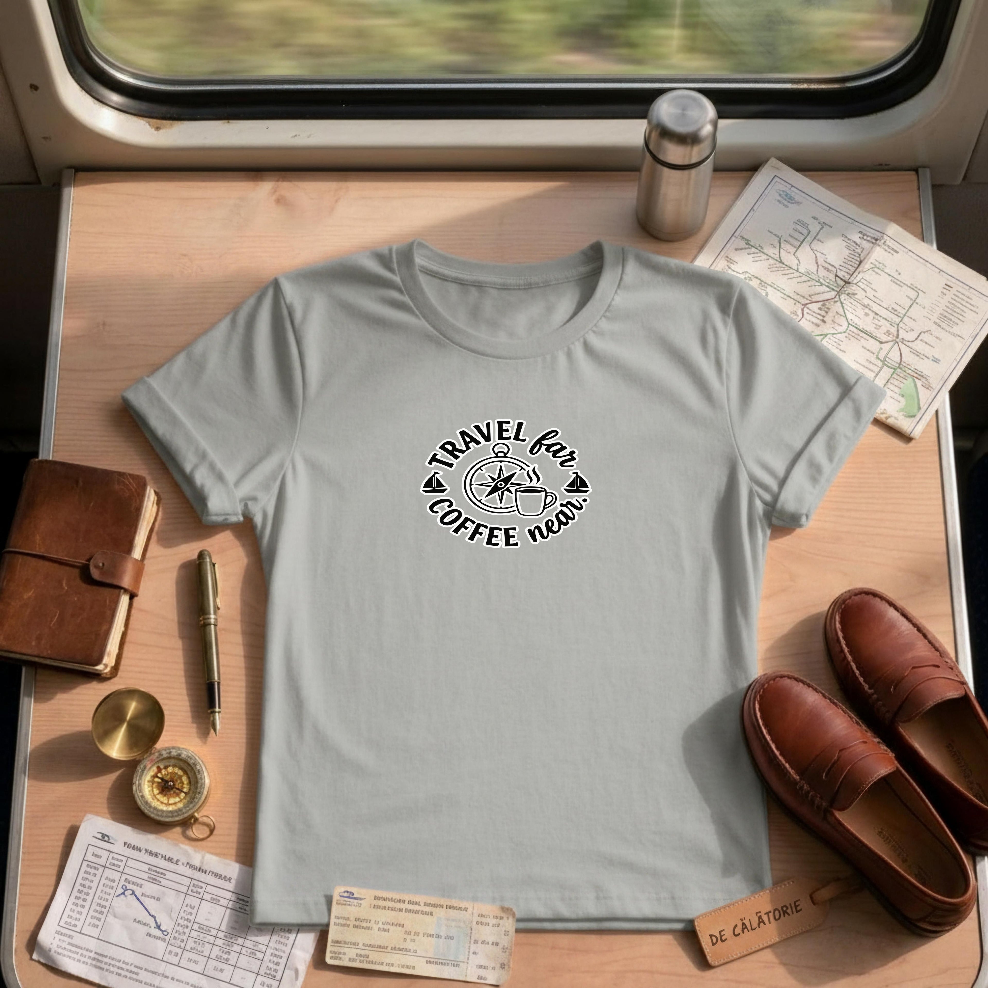 Travel Far Coffee Near Shirt, Comfort Colors Graphic Tee, Compass Adventure T-shirt, Gift for Her, Unisex Travel Lover Shirt, Coffee Lover G