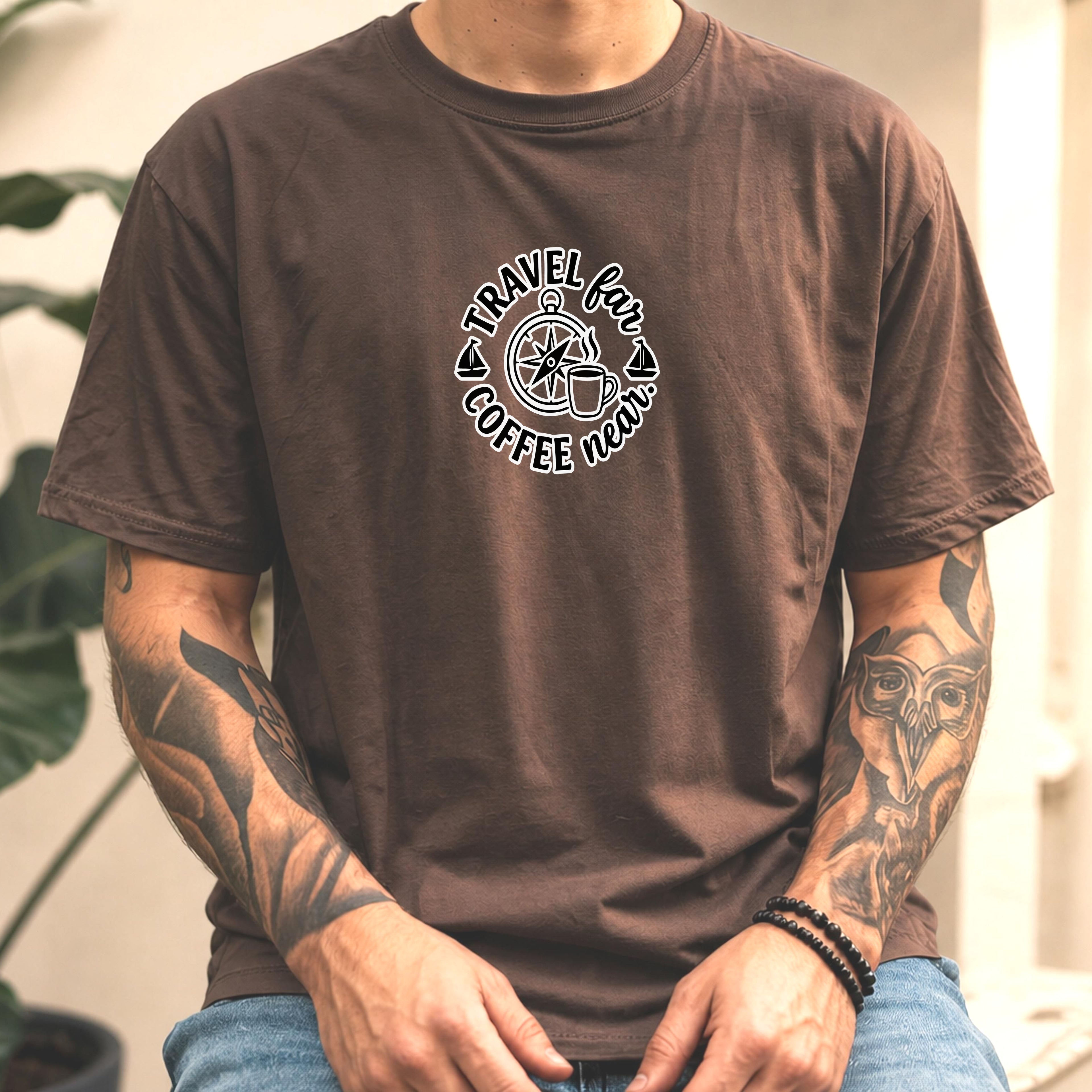 Travel Far Coffee Near Shirt, Comfort Colors Graphic Tee, Compass Adventure T-shirt, Gift for Her, Unisex Travel Lover Shirt, Coffee Lover G