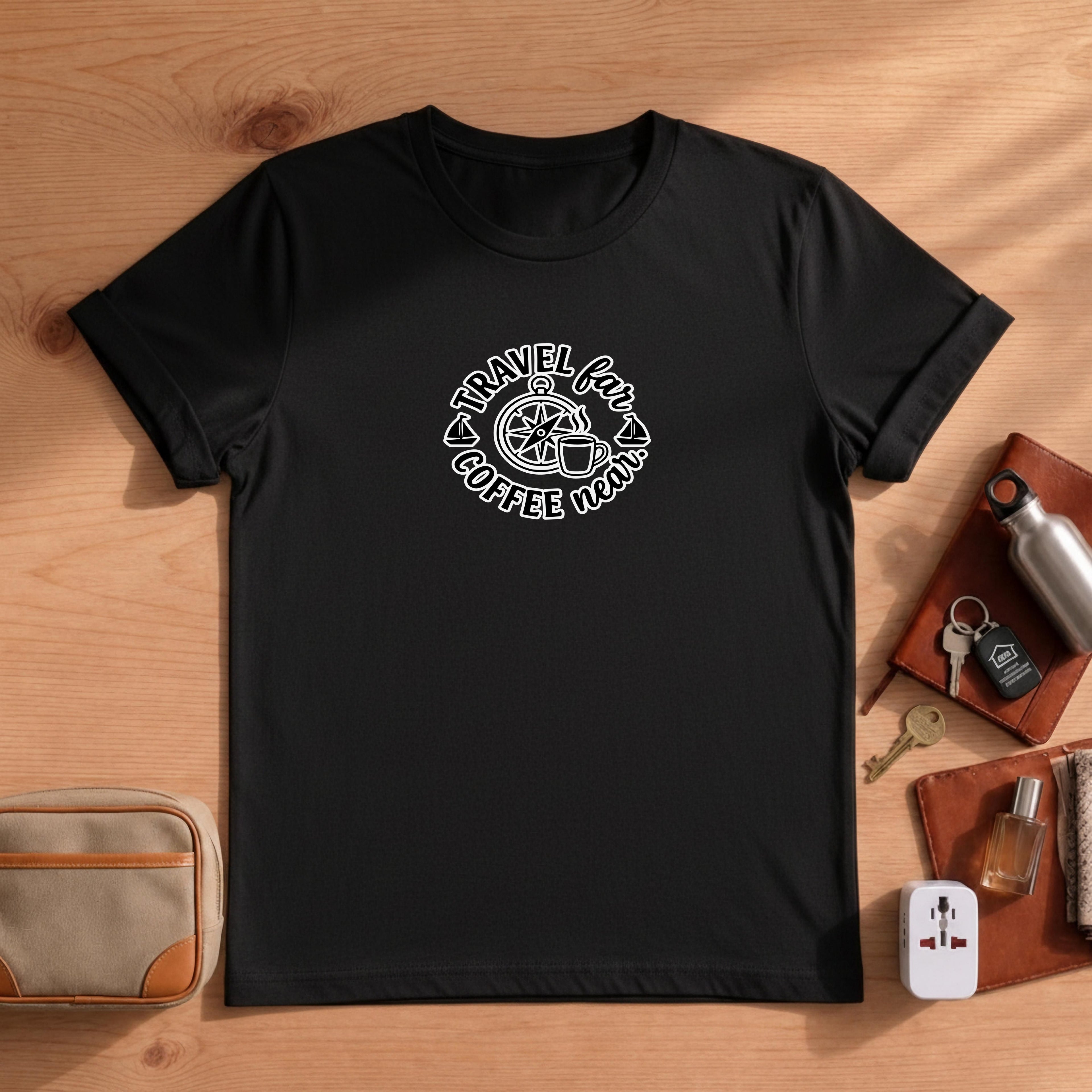 Travel Far Coffee Near Shirt, Comfort Colors Graphic Tee, Compass Adventure T-shirt, Gift for Her, Unisex Travel Lover Shirt, Coffee Lover G