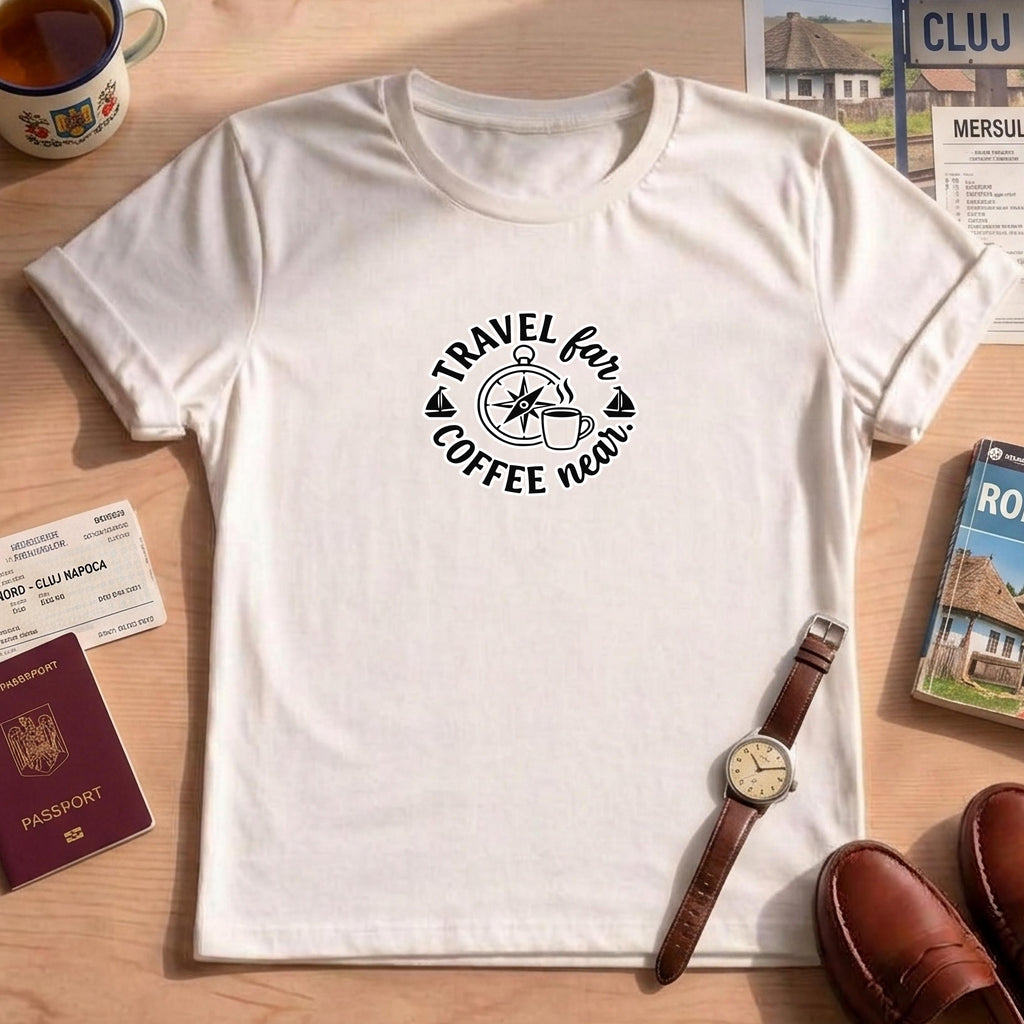 Travel Far Coffee Near Shirt, Comfort Colors Graphic Tee, Compass Adventure T-shirt, Gift for Her, Unisex Travel Lover Shirt, Coffee Lover G