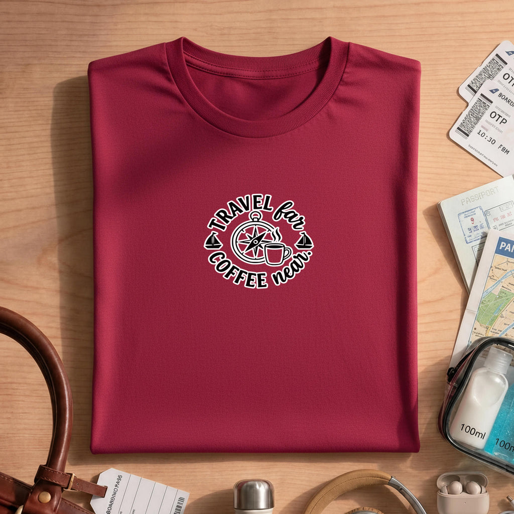 Travel Far Coffee Near Shirt, Comfort Colors Graphic Tee, Compass Adventure T-shirt, Gift for Her, Unisex Travel Lover Shirt, Coffee Lover G