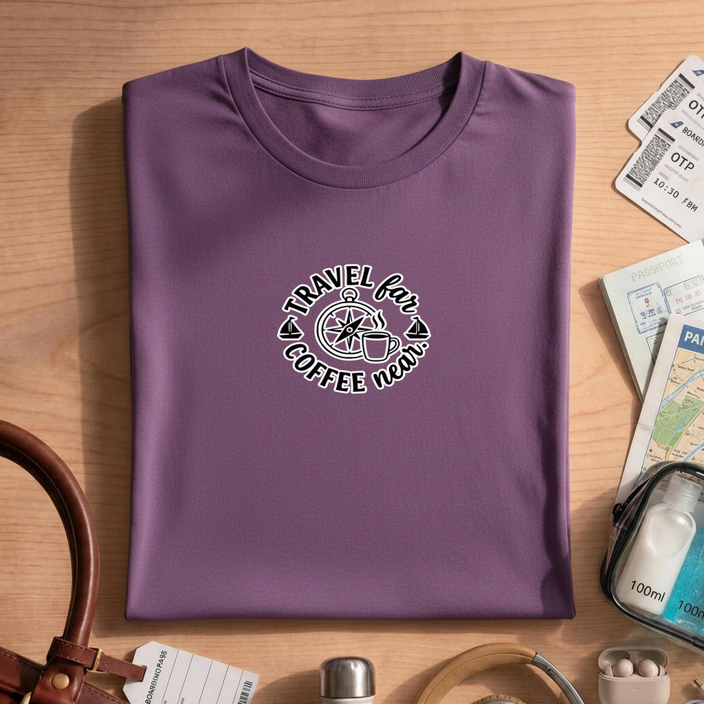Travel Far Coffee Near Shirt, Comfort Colors Graphic Tee, Compass Adventure T-shirt, Gift for Her, Unisex Travel Lover Shirt, Coffee Lover G