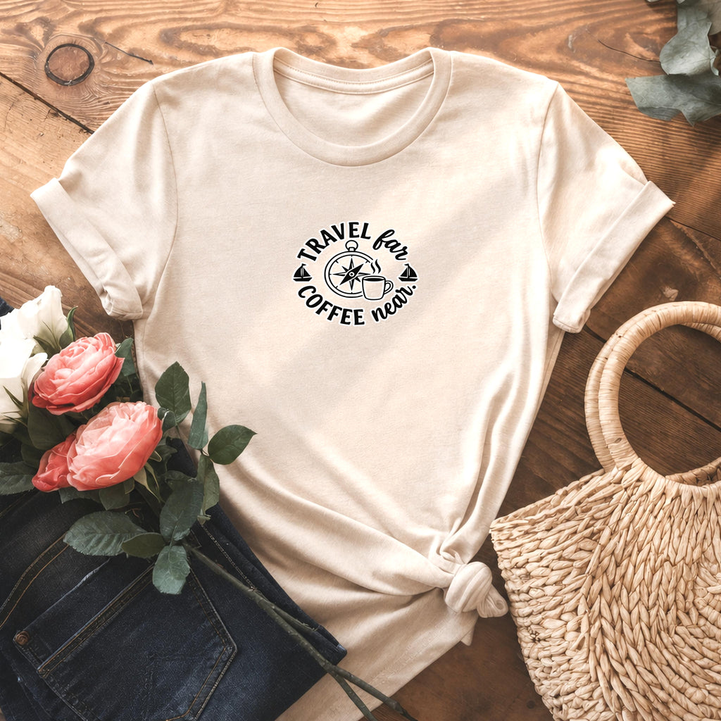 Travel Far Coffee Near Shirt, Comfort Colors Graphic Tee, Compass Adventure T-shirt, Gift for Her, Unisex Travel Lover Shirt, Coffee Lover G