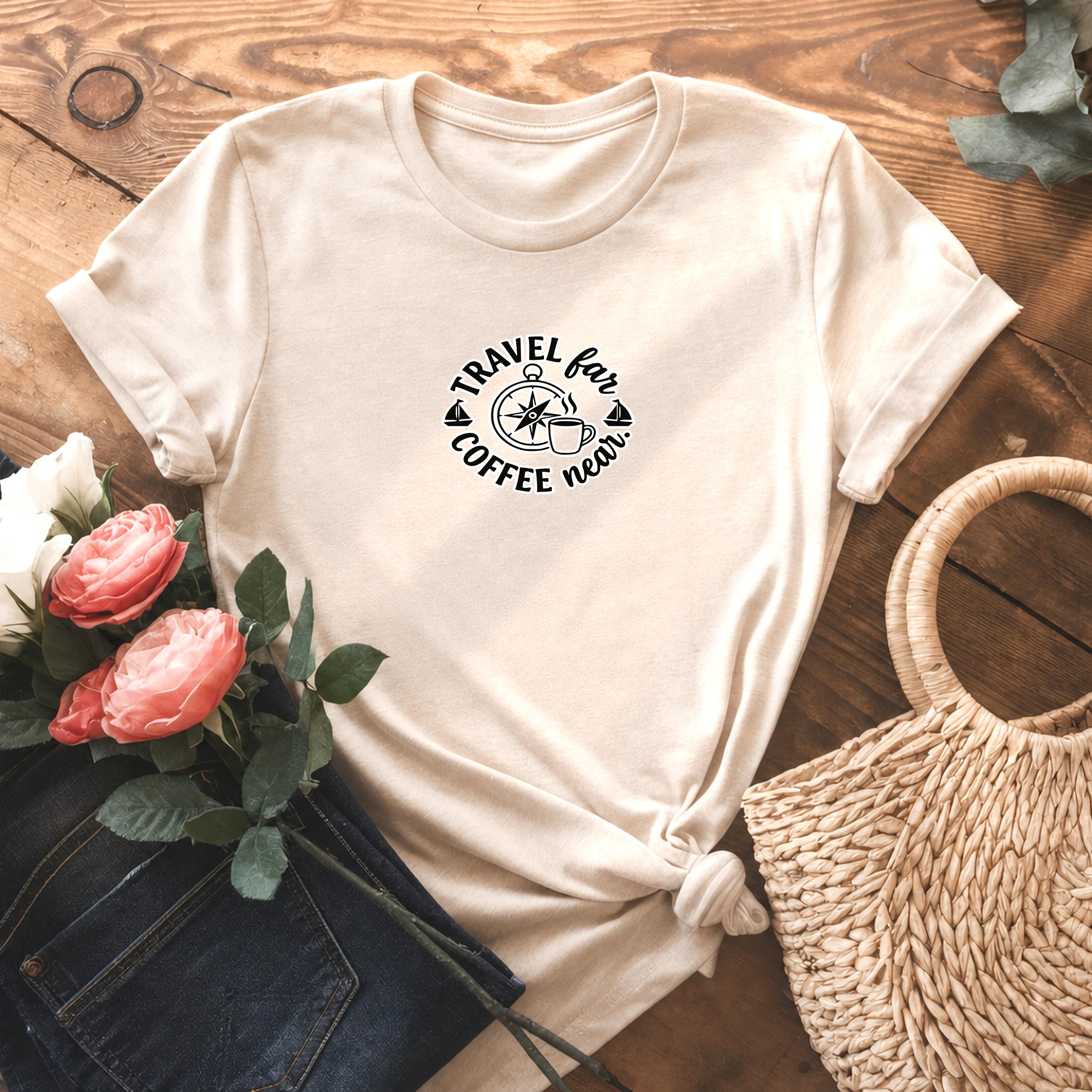Travel Far Coffee Near Shirt, Comfort Colors Graphic Tee, Compass Adventure T-shirt, Gift for Her, Unisex Travel Lover Shirt, Coffee Lover G