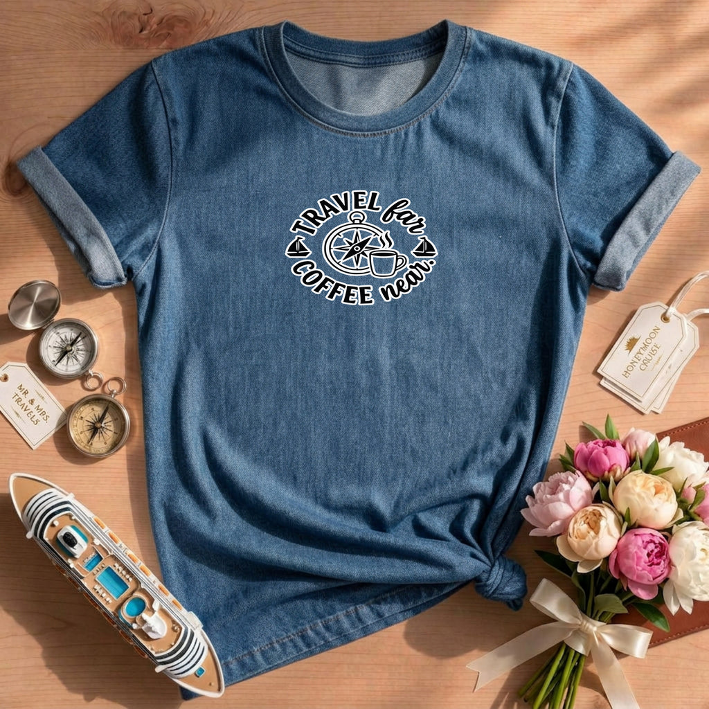 Travel Far Coffee Near Shirt, Comfort Colors Graphic Tee, Compass Adventure T-shirt, Gift for Her, Unisex Travel Lover Shirt, Coffee Lover G