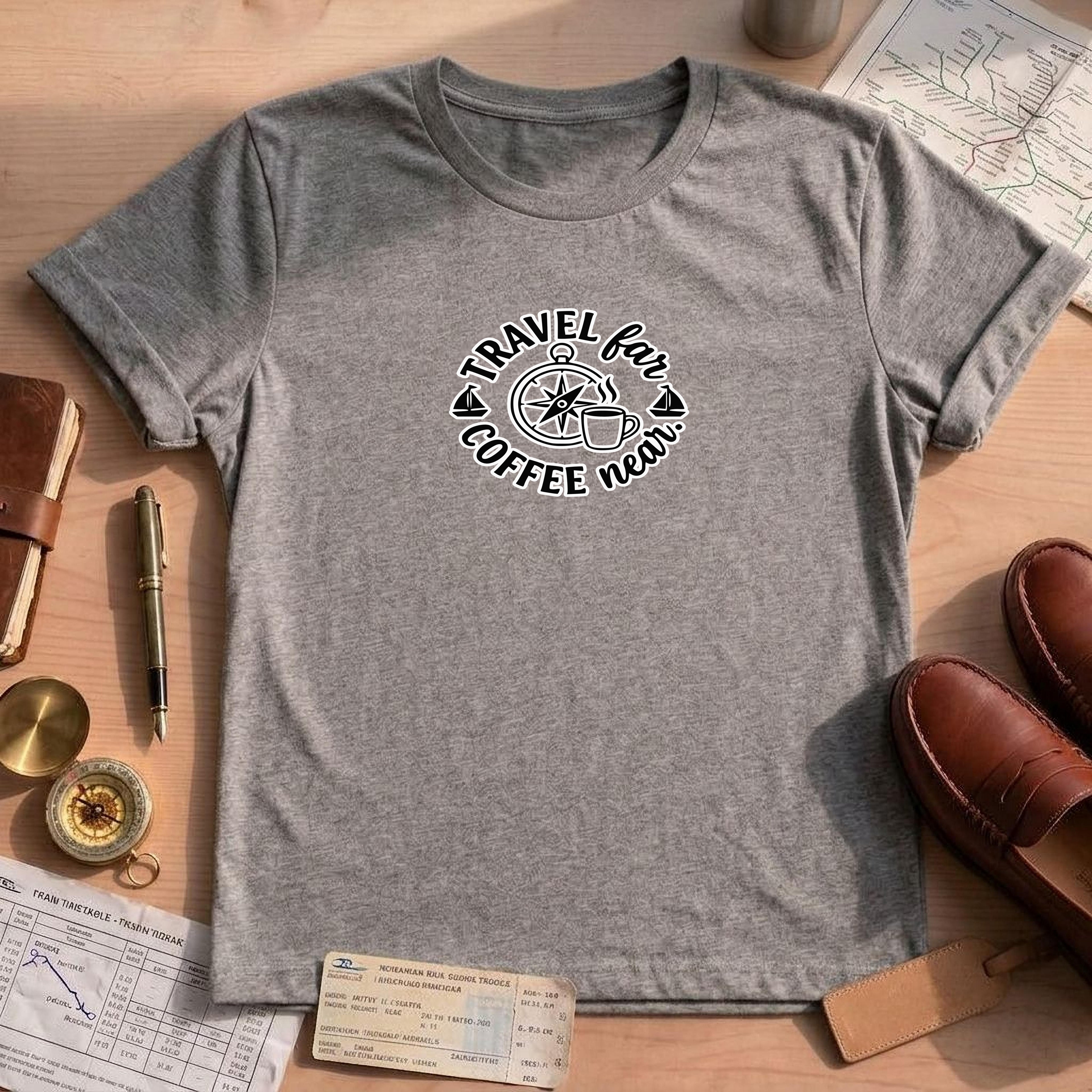 Travel Far Coffee Near Shirt, Comfort Colors Graphic Tee, Compass Adventure T-shirt, Gift for Her, Unisex Travel Lover Shirt, Coffee Lover G
