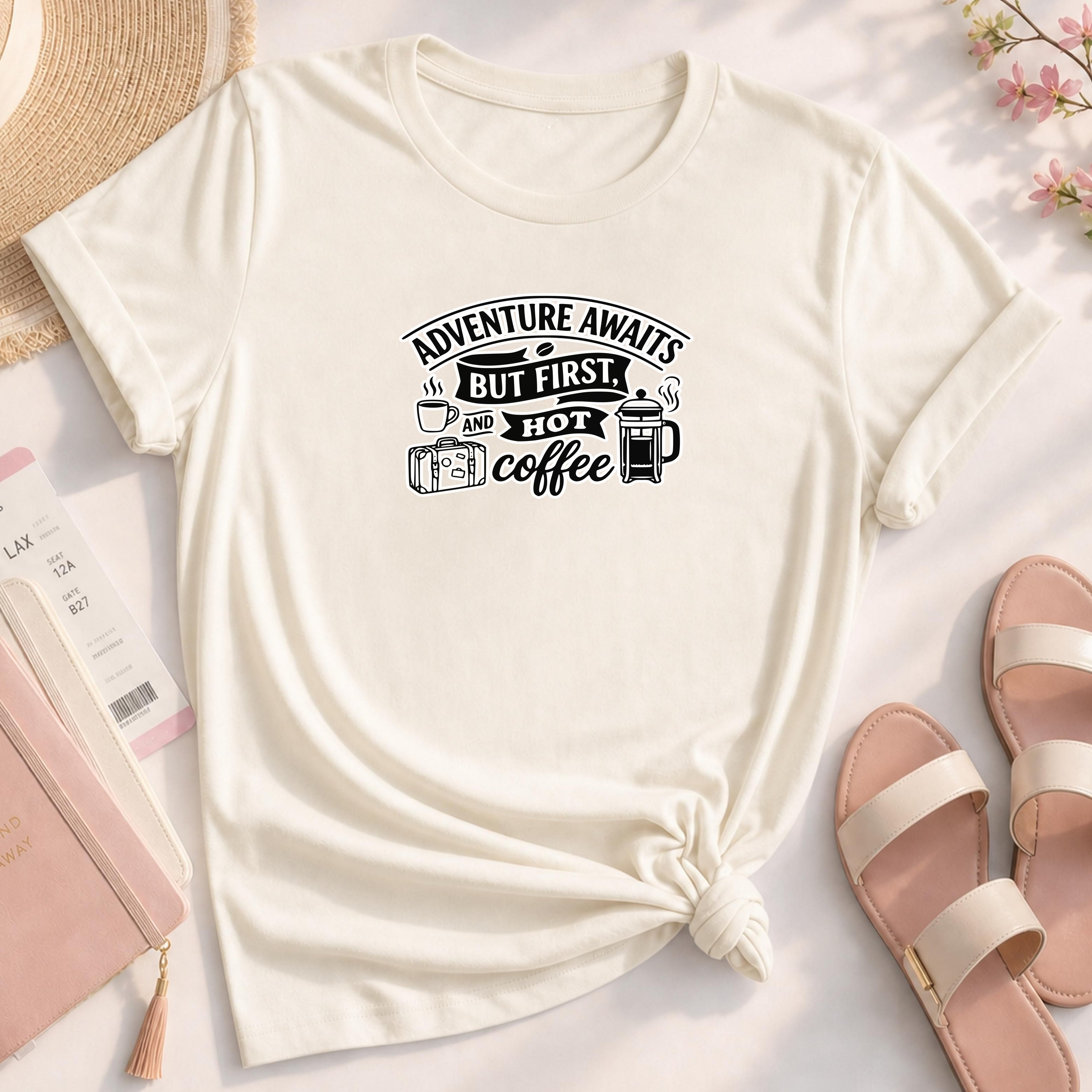 Adventure Awaits But First Hot Coffee Shirt, Travel Lover Gift, Coffee Addict Tee, Wanderlust Comfort Colors Graphic T-Shirt, Unisex Funny