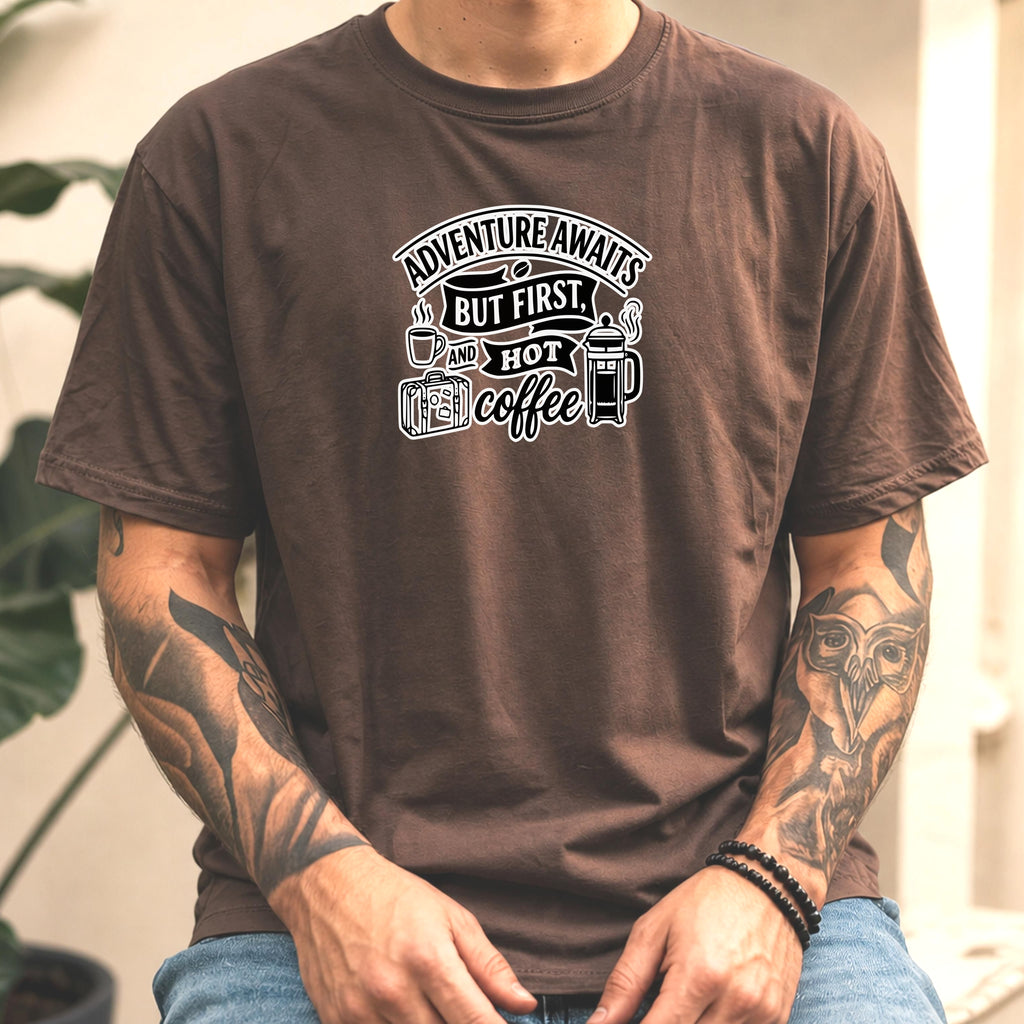 Adventure Awaits But First Hot Coffee Shirt, Travel Lover Gift, Coffee Addict Tee, Wanderlust Comfort Colors Graphic T-Shirt, Unisex Funny