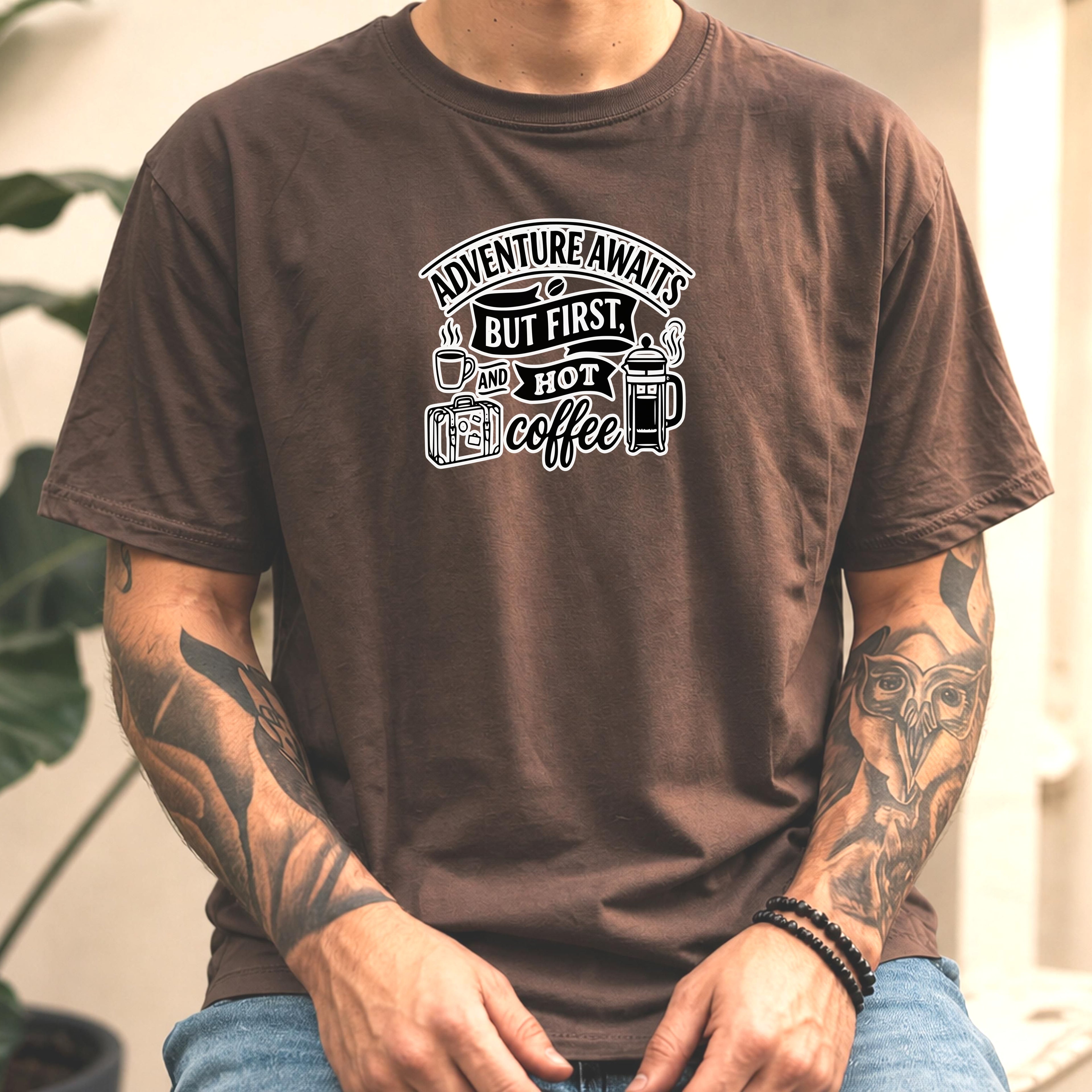 Adventure Awaits But First Hot Coffee Shirt, Travel Lover Gift, Coffee Addict Tee, Wanderlust Comfort Colors Graphic T-Shirt, Unisex Funny