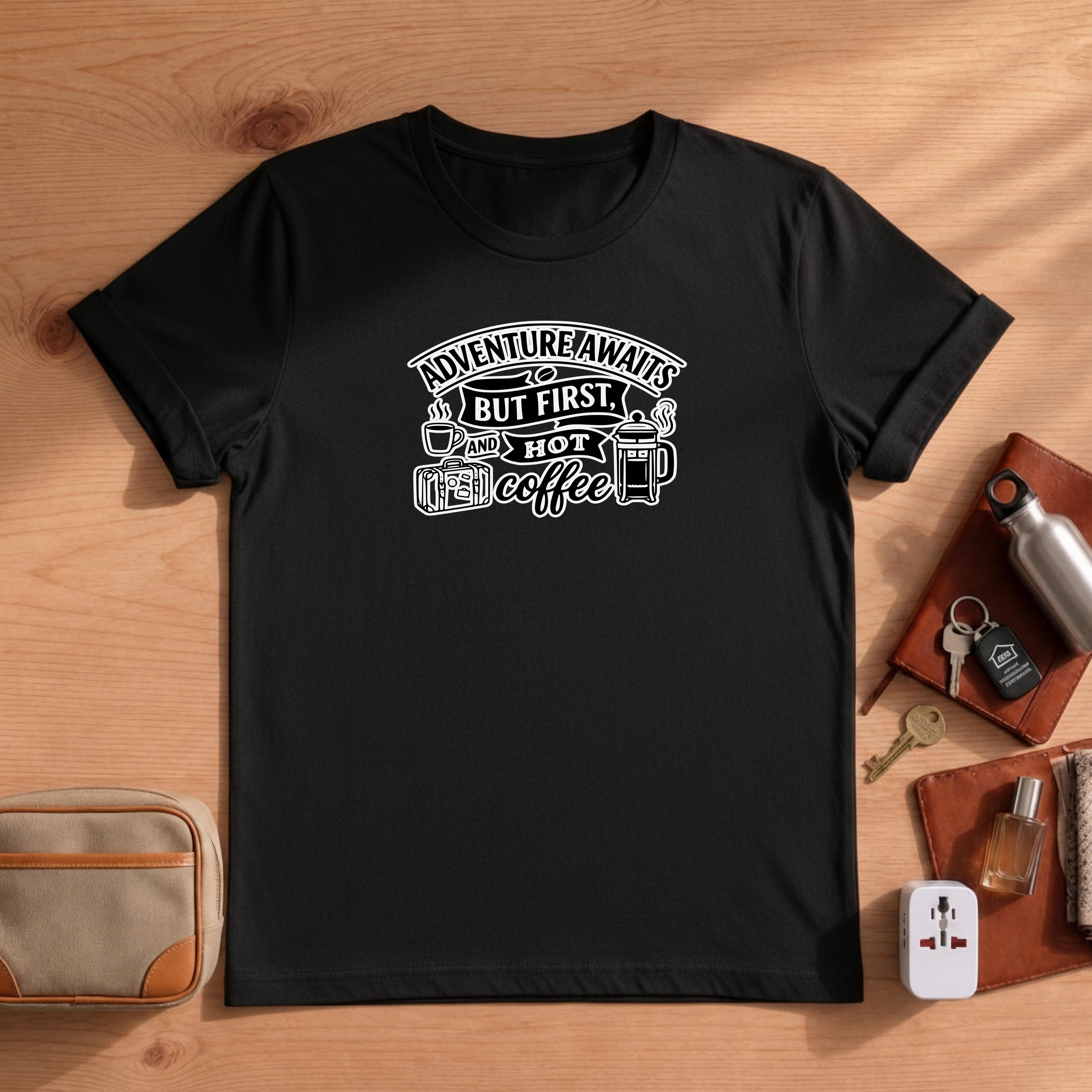 Adventure Awaits But First Hot Coffee Shirt, Travel Lover Gift, Coffee Addict Tee, Wanderlust Comfort Colors Graphic T-Shirt, Unisex Funny
