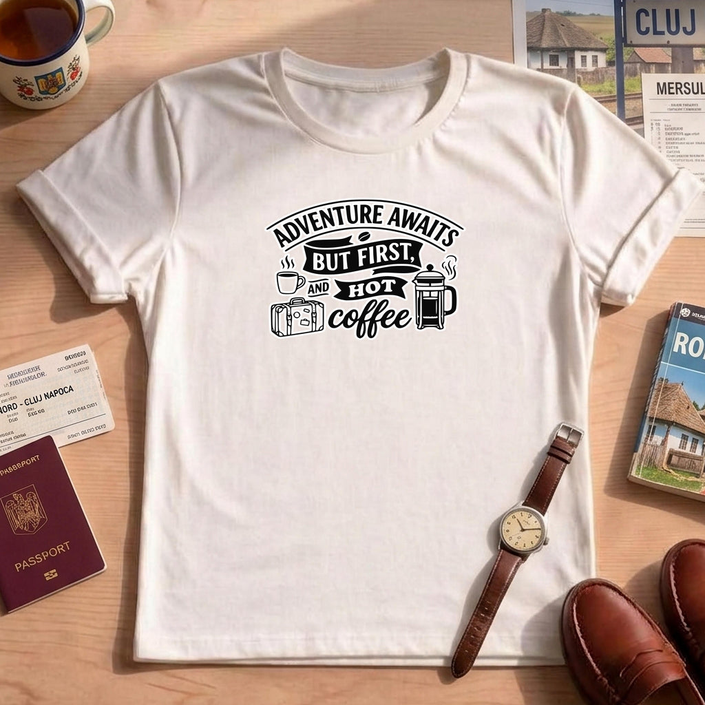 Adventure Awaits But First Hot Coffee Shirt, Travel Lover Gift, Coffee Addict Tee, Wanderlust Comfort Colors Graphic T-Shirt, Unisex Funny