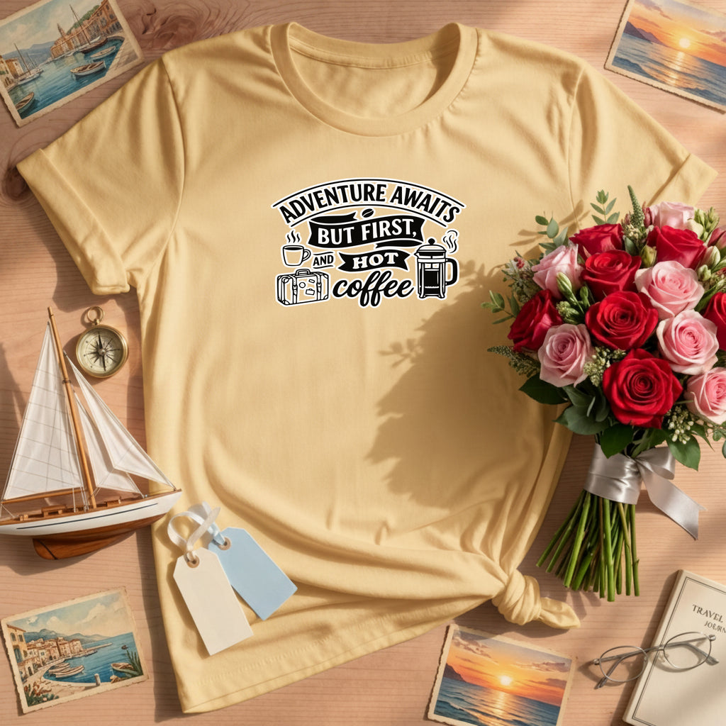 Adventure Awaits But First Hot Coffee Shirt, Travel Lover Gift, Coffee Addict Tee, Wanderlust Comfort Colors Graphic T-Shirt, Unisex Funny