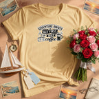 Adventure Awaits But First Hot Coffee Shirt, Travel Lover Gift, Coffee Addict Tee, Wanderlust Comfort Colors Graphic T-Shirt, Unisex Funny