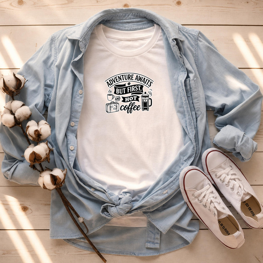 Adventure Awaits But First Hot Coffee Shirt, Travel Lover Gift, Coffee Addict Tee, Wanderlust Comfort Colors Graphic T-Shirt, Unisex Funny