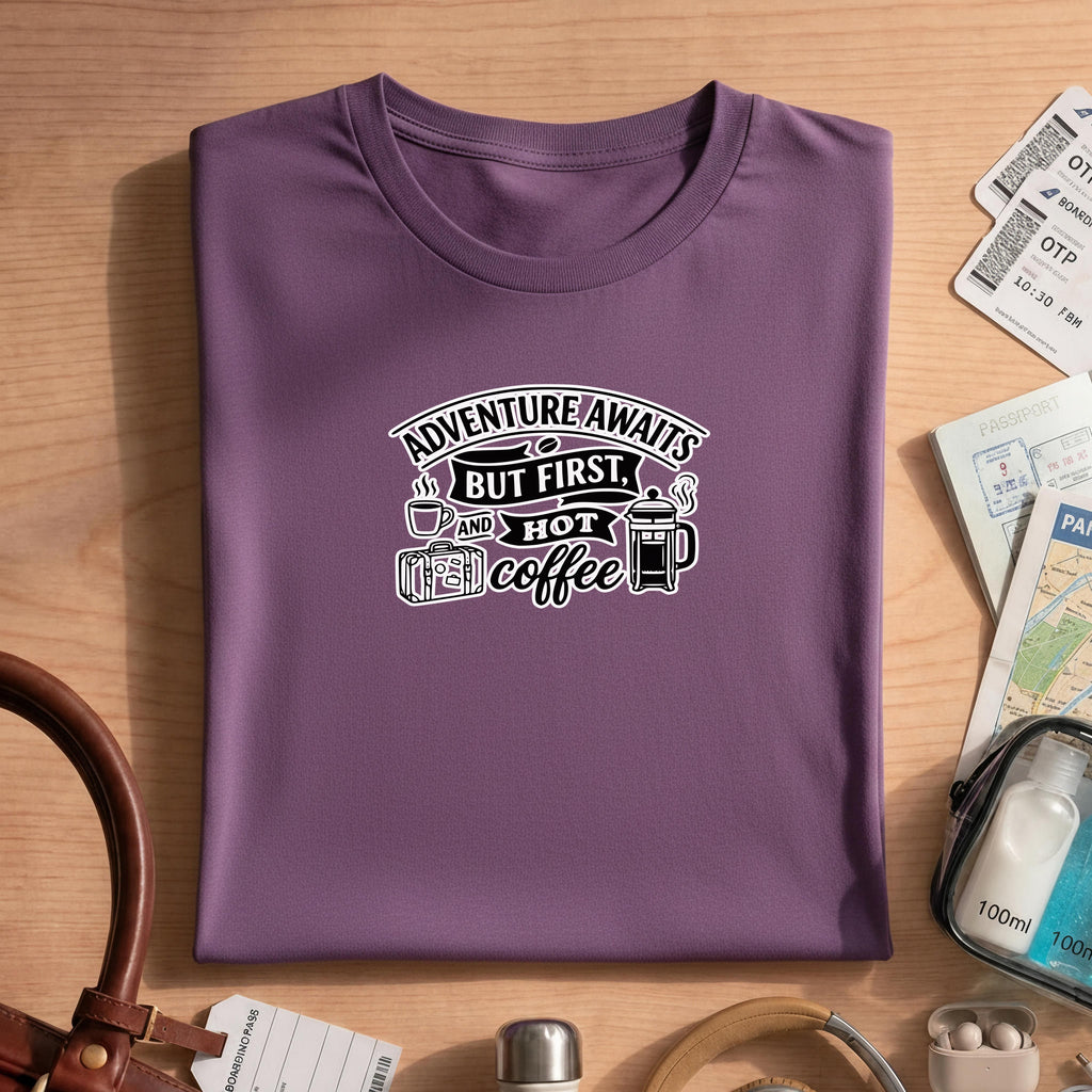 Adventure Awaits But First Hot Coffee Shirt, Travel Lover Gift, Coffee Addict Tee, Wanderlust Comfort Colors Graphic T-Shirt, Unisex Funny
