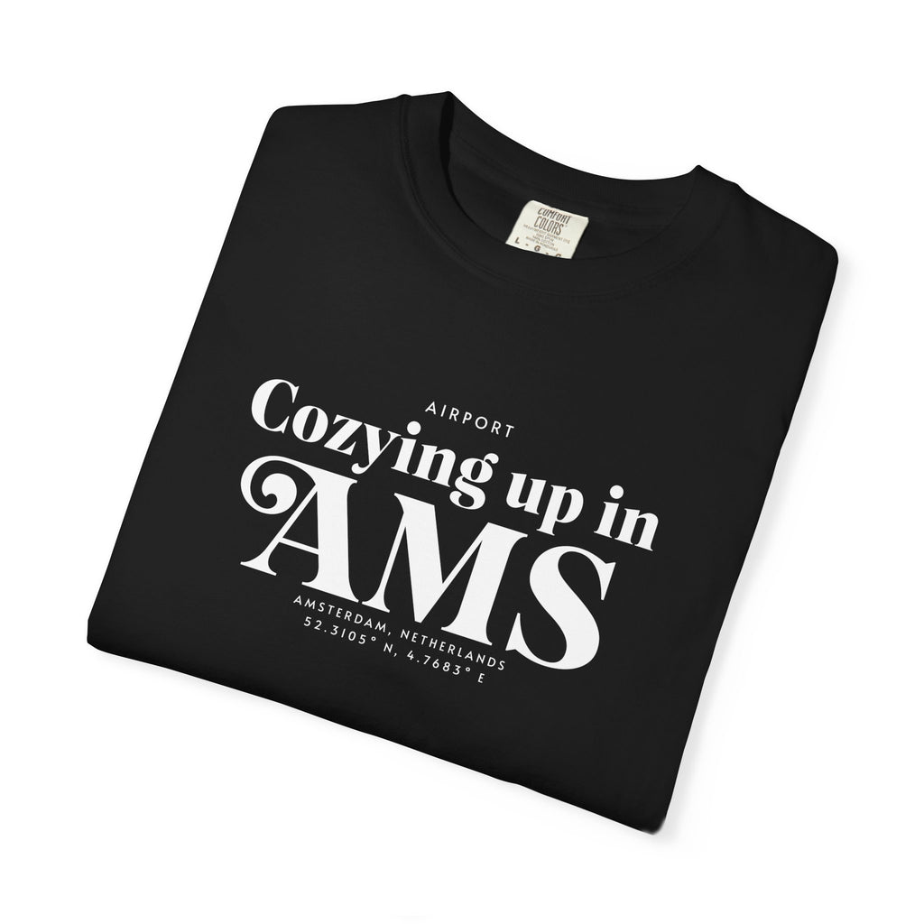 Cozying up in AMS airport, Amsterdam, Netherlands tee