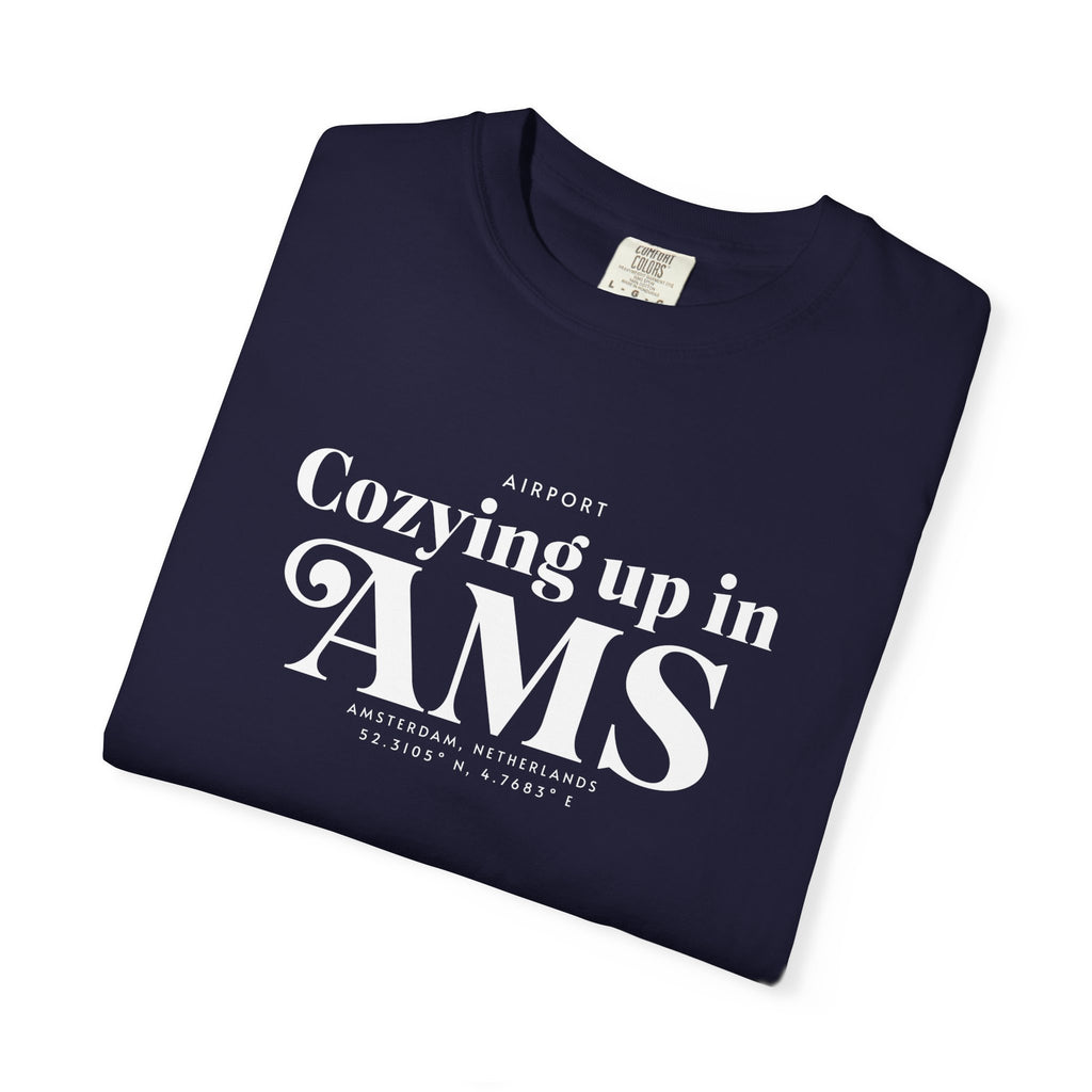 Cozying up in AMS airport, Amsterdam, Netherlands tee