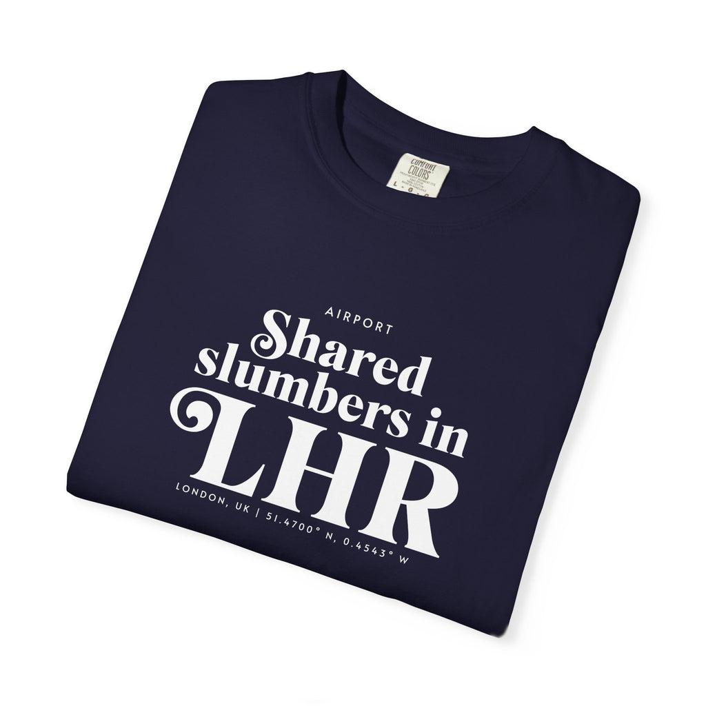 Shared slumbers in LHR airport, London, UK tee