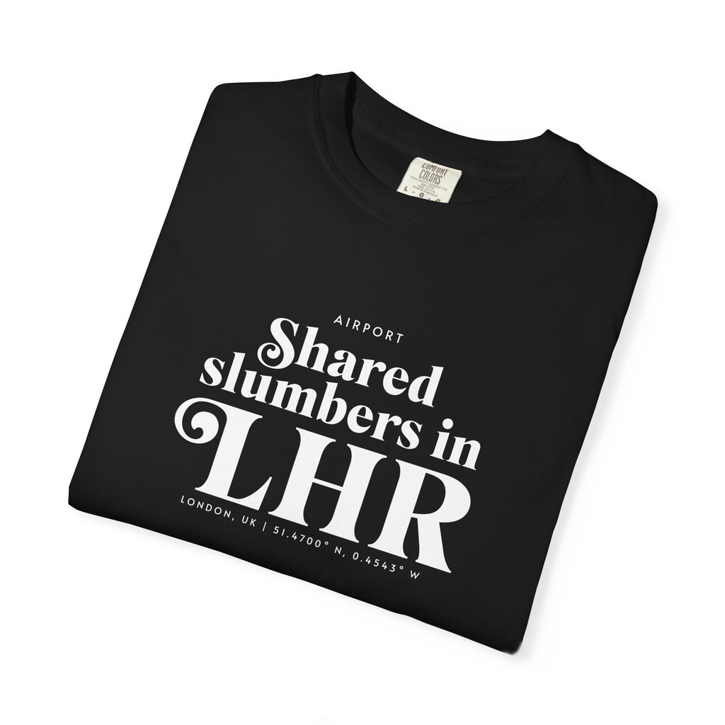 Shared slumbers in LHR airport, London, UK tee
