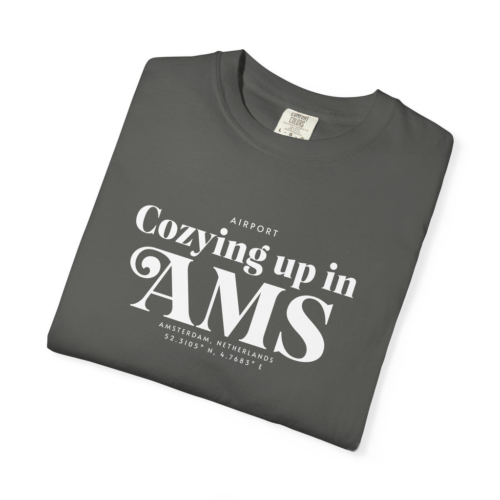 Cozying up in AMS airport, Amsterdam, Netherlands tee