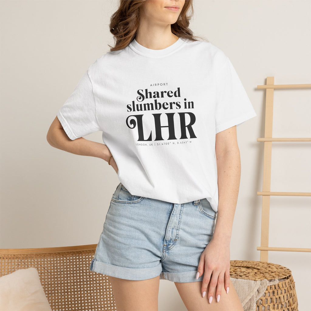 Shared slumbers in LHR airport, London, UK tee